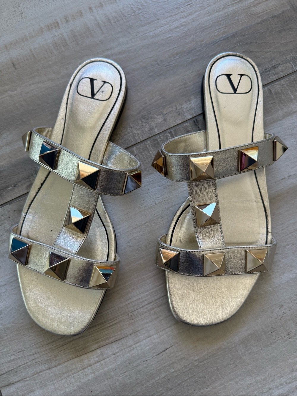 Valentino Garavani Gold Pyramid-Stud Double-Strap Slide Sandals